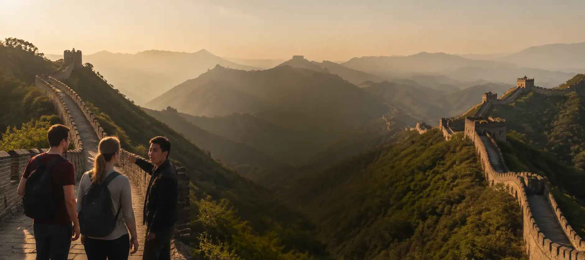 Travelers exploring the Great Wall of China at sunset